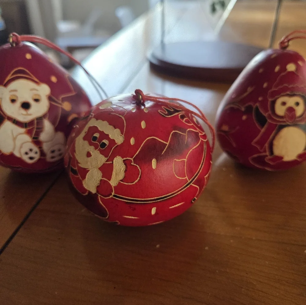 Hand Carved Dried Gourd Ornanent Trio (Polar Bear, Santa & Penguin)